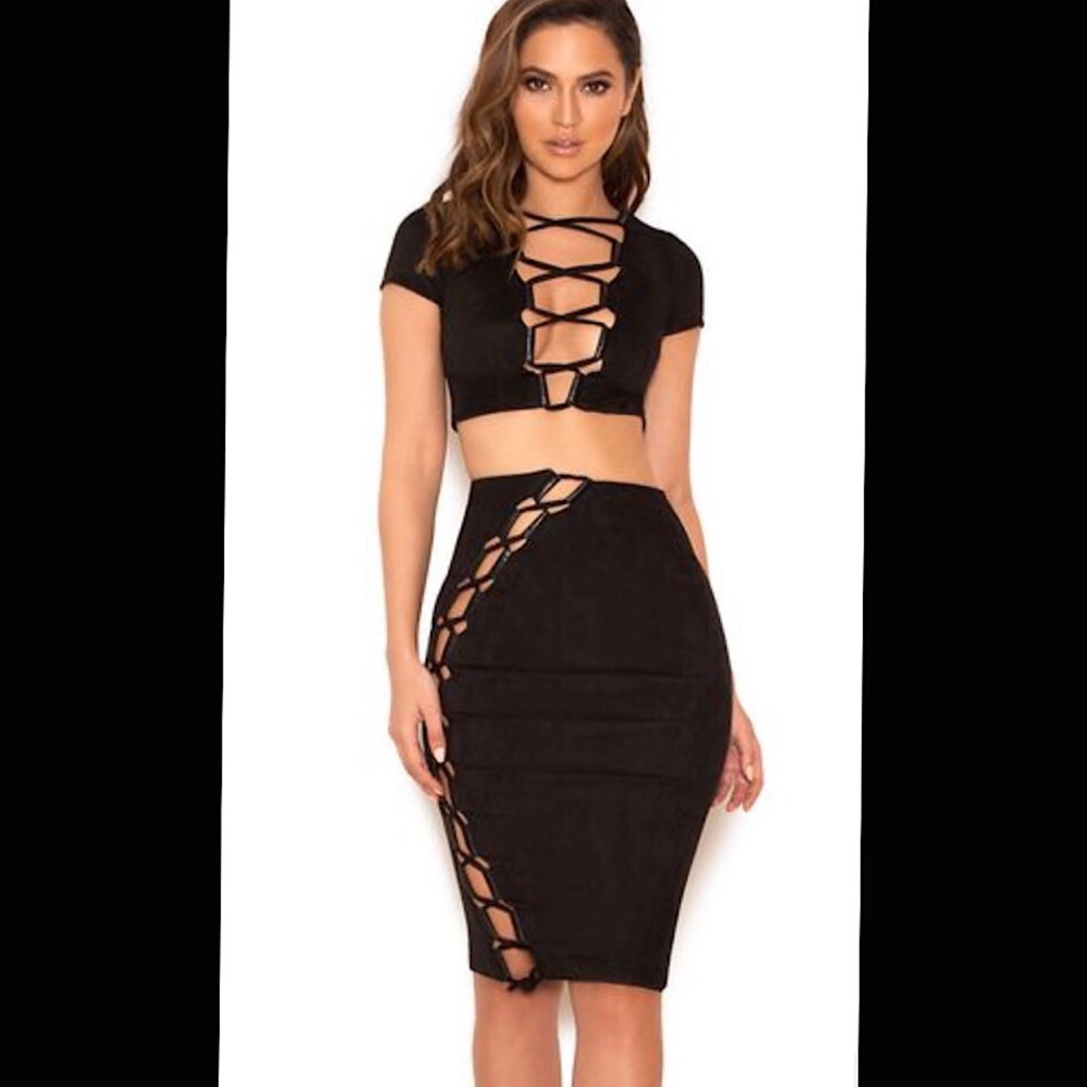 BLACK SUEDETTE LACE UP TWO PIECE